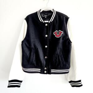 True Religion Black & White Varsity Jacket Button Up Vintage Style Sz Large
